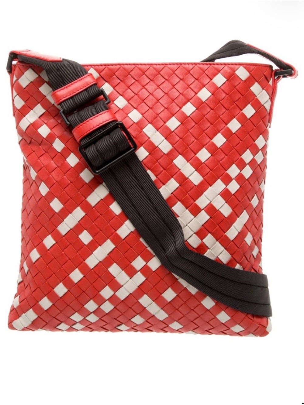 Bottega Veneta Red and White Woven Messenger Bag with Black Strap